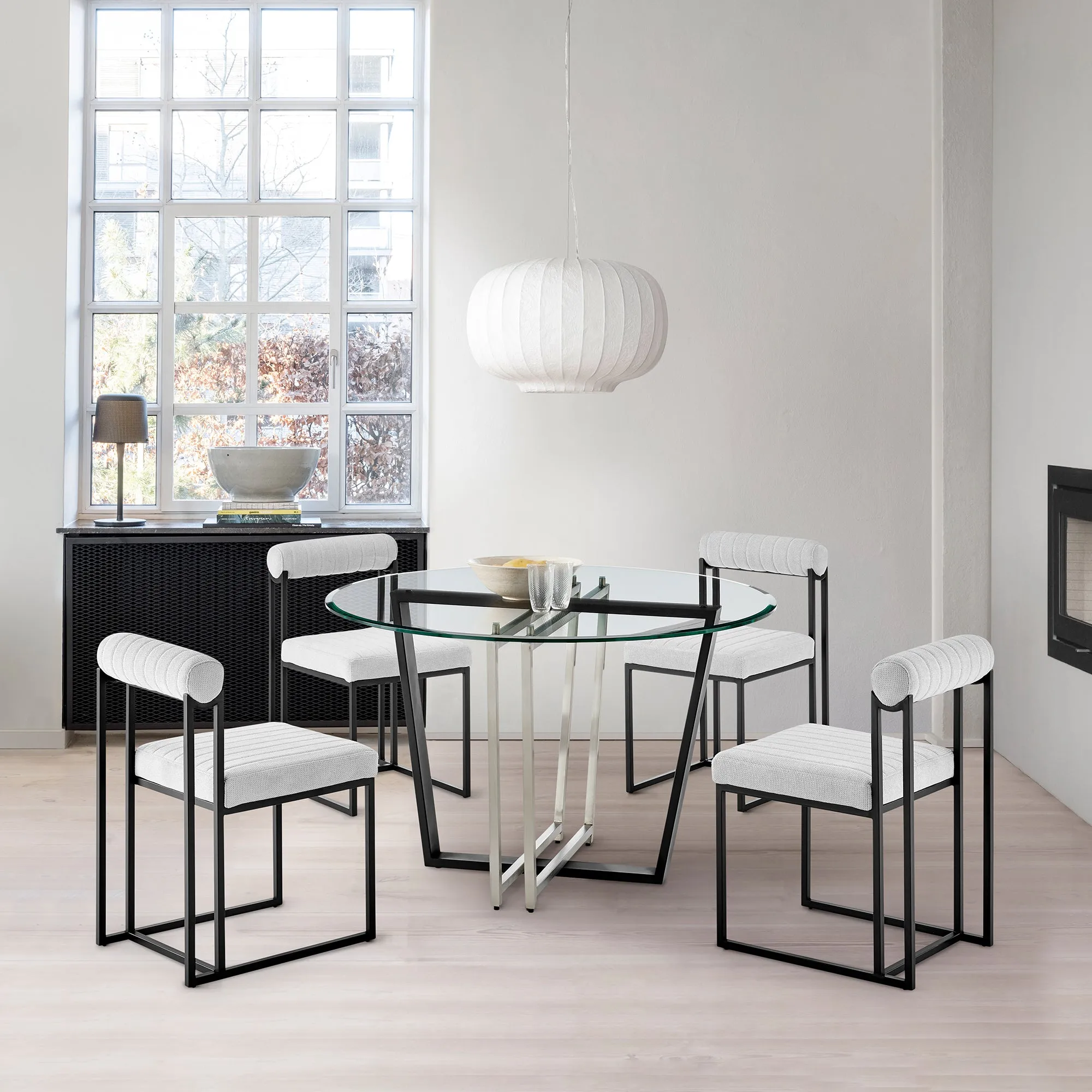Devi Anastasia 5 Piece Round Glass Dining Table Set with Matte Black Iron and Anchor Gray Fabric By Armen Living