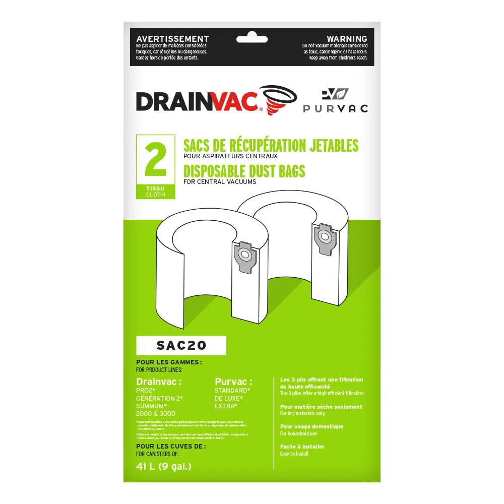 DrainVac SAC20 Central Vacuum Disposable Dust Bags