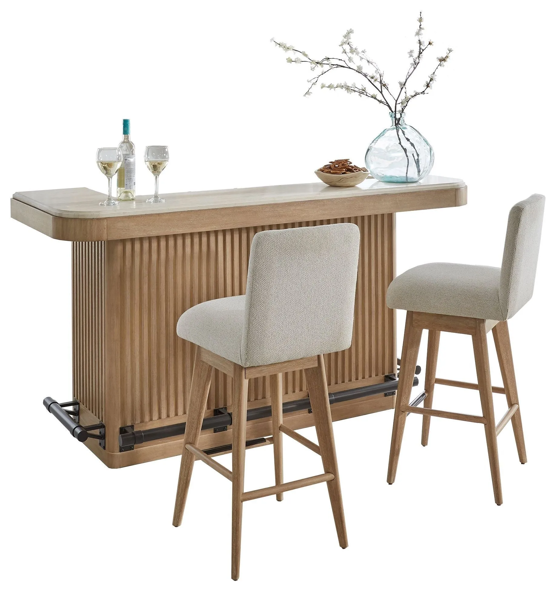 Escape - 78" Dining Bar With 2 Upholstered Swivel Barstools - Glazed Natural Oak
