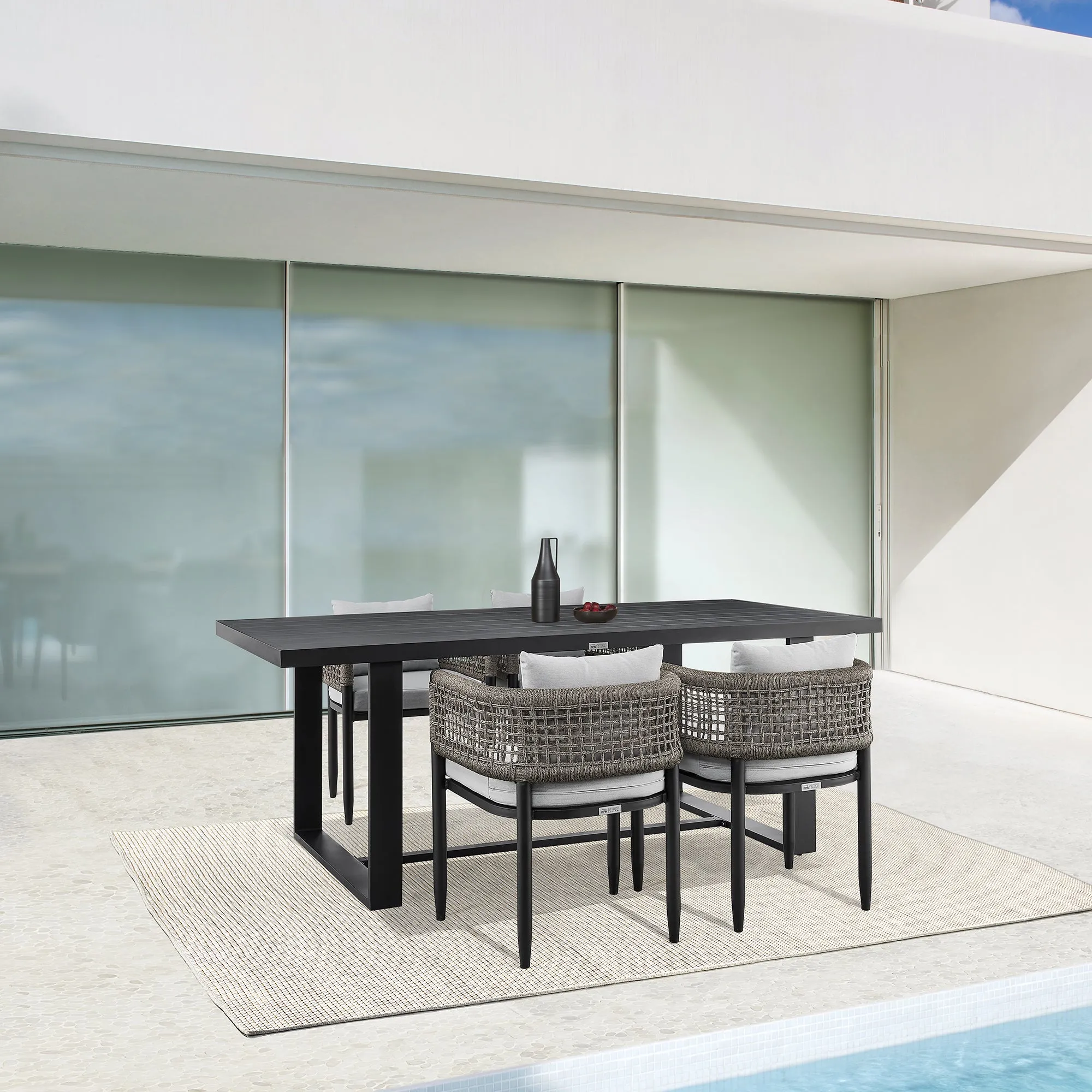 Felicia Outdoor Patio 5-Piece Dining Table Set in Aluminum with Grey Rope and Cushions By Armen Living