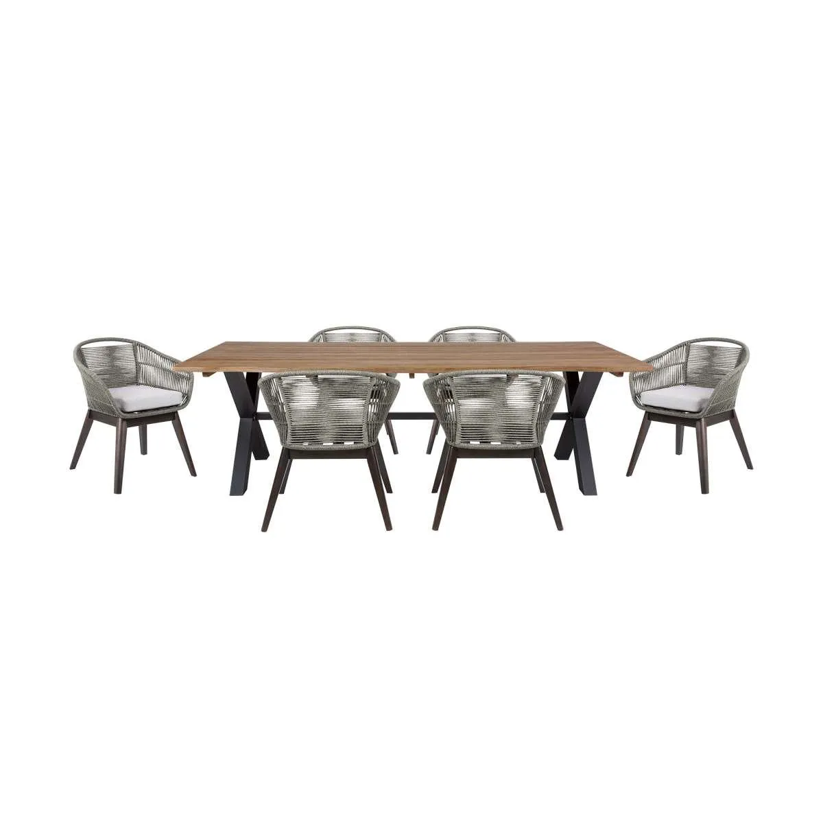 Glendora Tutti Frutti Outdoor Patio 7 Piece Live Edge Dining Set in Eucalyptus Wood Gray Rope and Cushions  By Armen Living