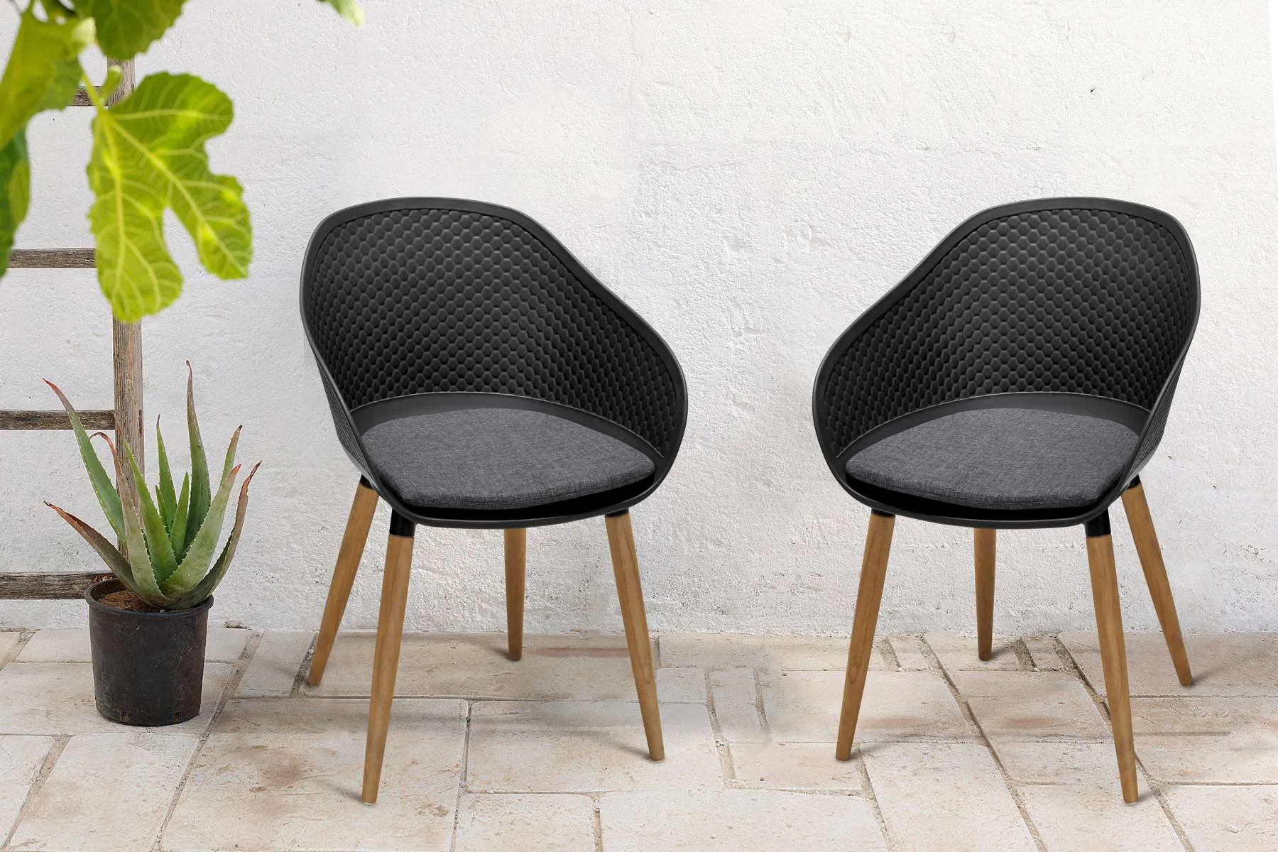 Ipanema Outdoor Dining Chair with Teak Legs and Dark Grey Olefin - Set of 2 By Armen Living