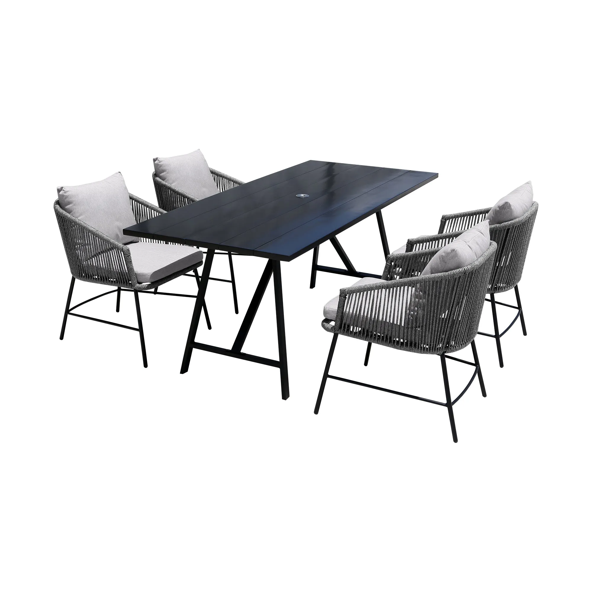 Koala and Calica 5 Piece Dining Set in Dark Eucalyptus and Metal with Grey Rope By Armen Living
