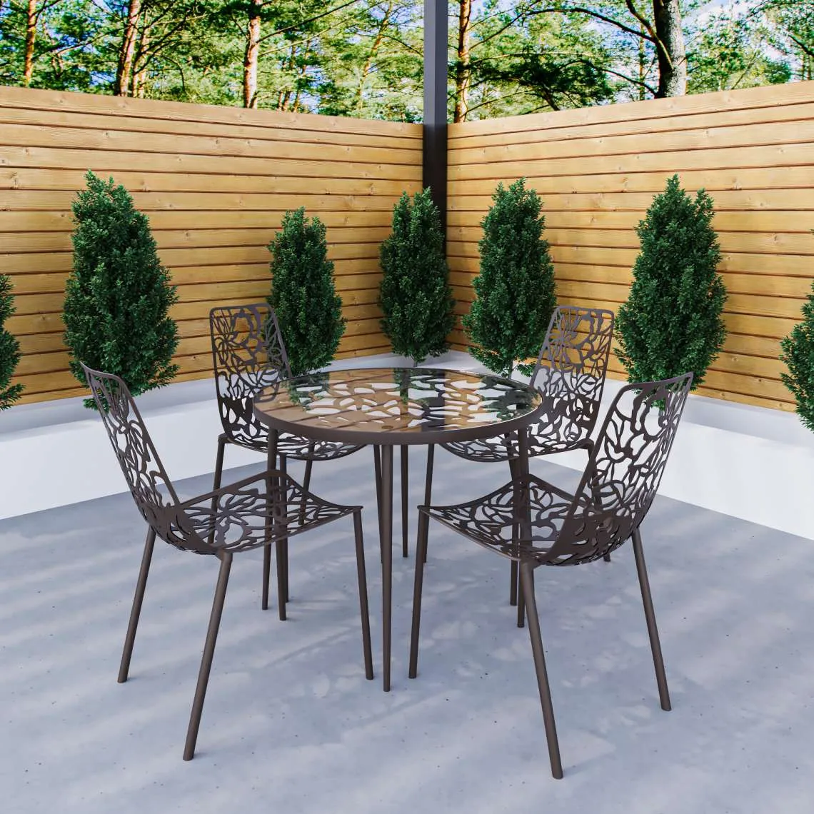LeisureMod Devon Mid-Century Modern 5-Piece Aluminum Outdoor Patio Dining Set with Tempered Glass Top Table and 4 Stackable - DT31C4BL