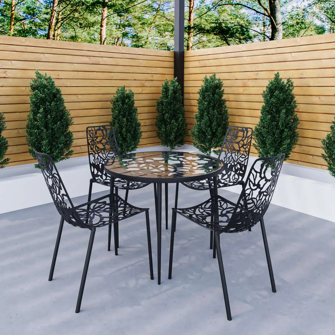 LeisureMod Devon Mid-Century Modern 5-Piece Aluminum Outdoor Patio Dining Set with Tempered Glass Top Table and 4 Stackable - DT31C4BL