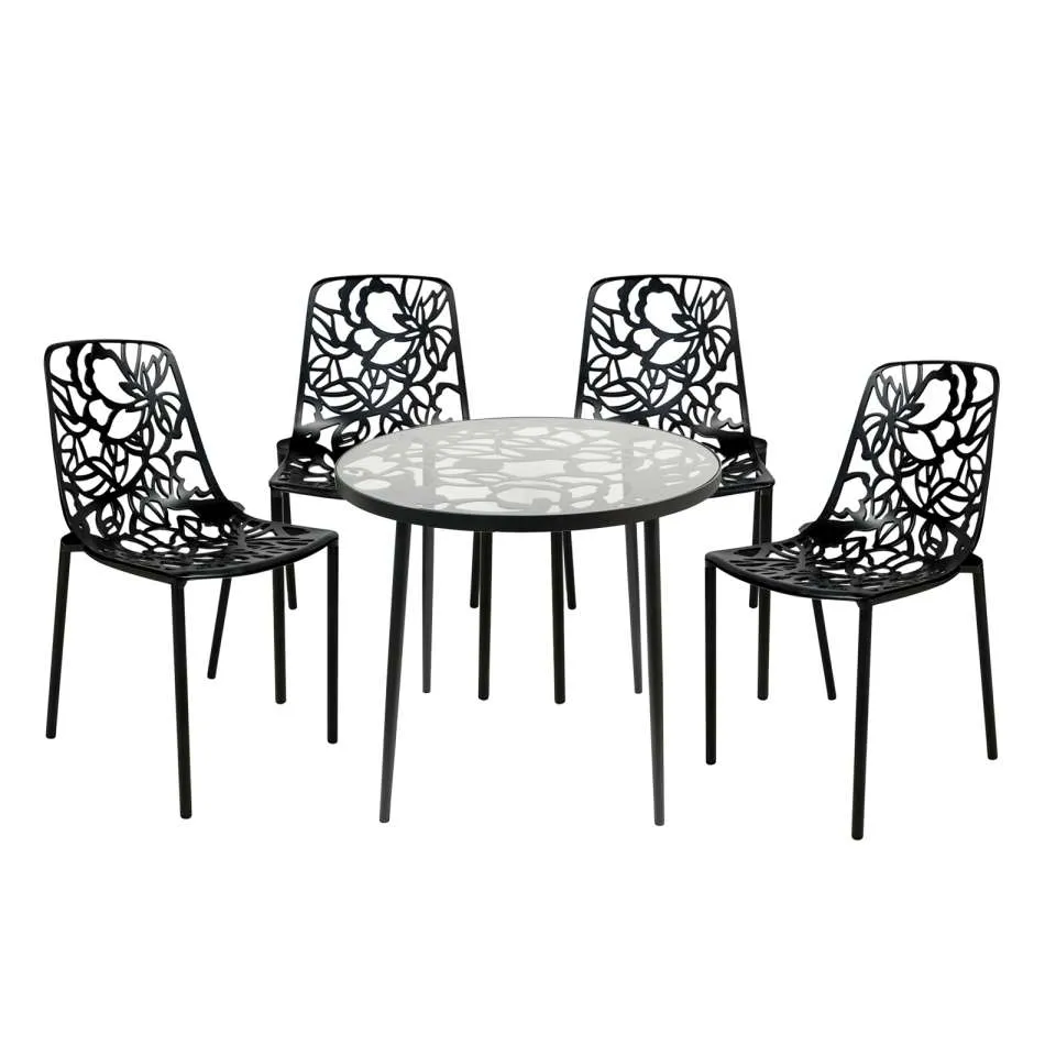 LeisureMod Devon Mid-Century Modern 5-Piece Aluminum Outdoor Patio Dining Set with Tempered Glass Top Table and 4 Stackable - DT31C4BL