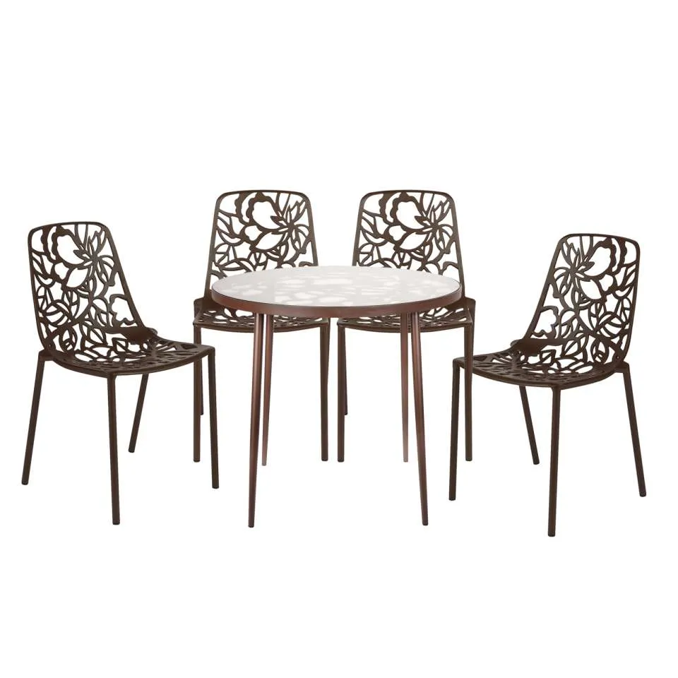 LeisureMod Devon Mid-Century Modern 5-Piece Aluminum Outdoor Patio Dining Set with Tempered Glass Top Table and 4 Stackable - DT31C4BL