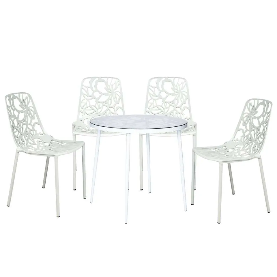 LeisureMod Devon Mid-Century Modern 5-Piece Aluminum Outdoor Patio Dining Set with Tempered Glass Top Table and 4 Stackable - DT31C4BL
