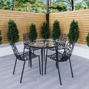 LeisureMod Devon Mid-Century Modern 5-Piece Aluminum Outdoor Patio Dining Set with Tempered Glass Top Table and 4 Stackable - DT31C4BL
