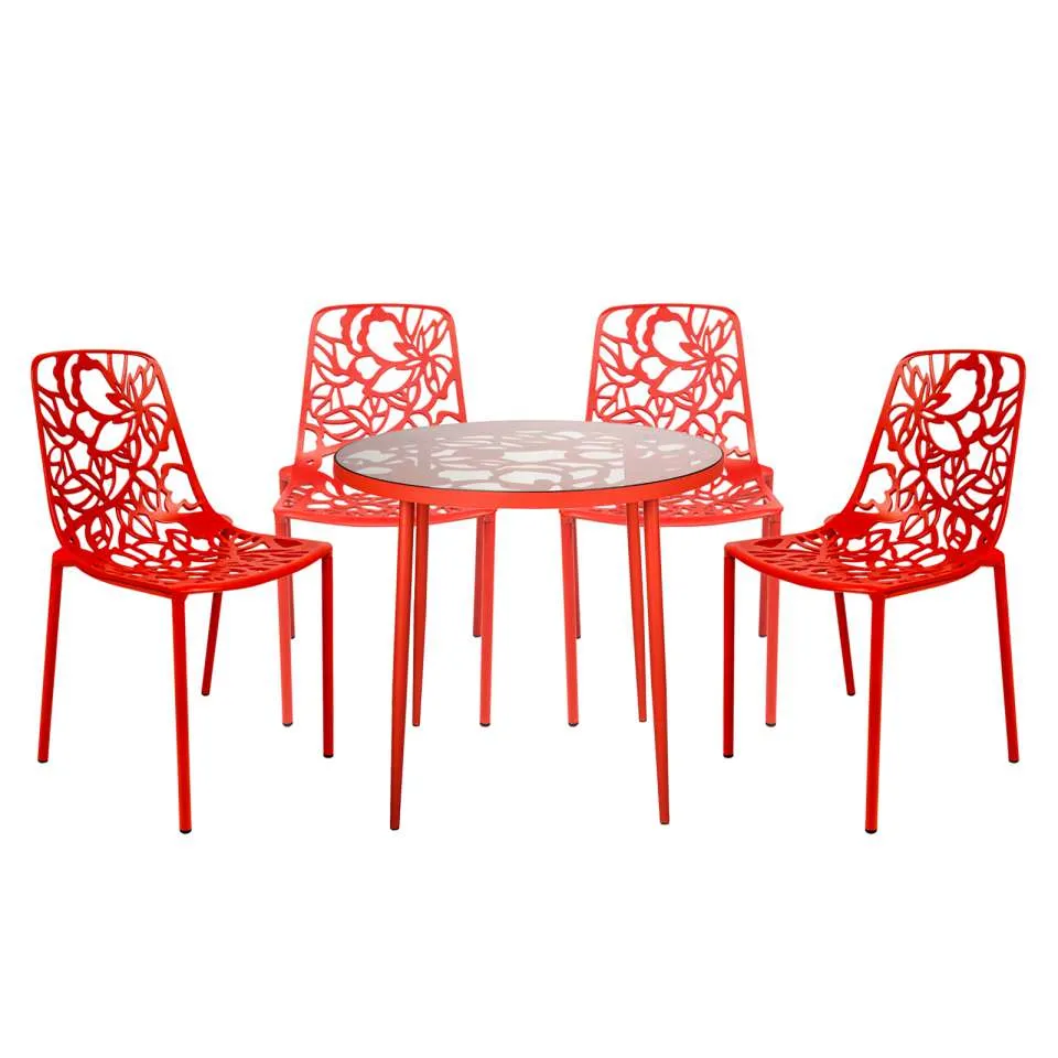 LeisureMod Devon Mid-Century Modern 5-Piece Aluminum Outdoor Patio Dining Set with Tempered Glass Top Table and 4 Stackable - DT31C4BL