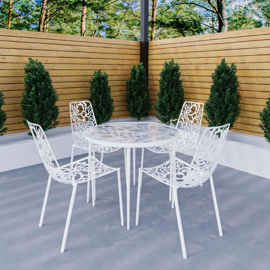 LeisureMod Devon Mid-Century Modern 5-Piece Aluminum Outdoor Patio Dining Set with Tempered Glass Top Table and 4 Stackable - DT31C4BL