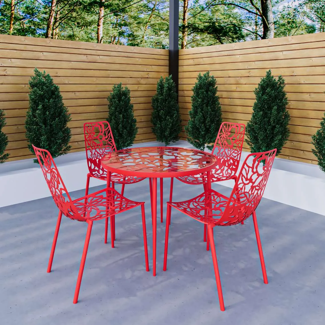 LeisureMod Devon Mid-Century Modern 5-Piece Aluminum Outdoor Patio Dining Set with Tempered Glass Top Table and 4 Stackable - DT31C4BL