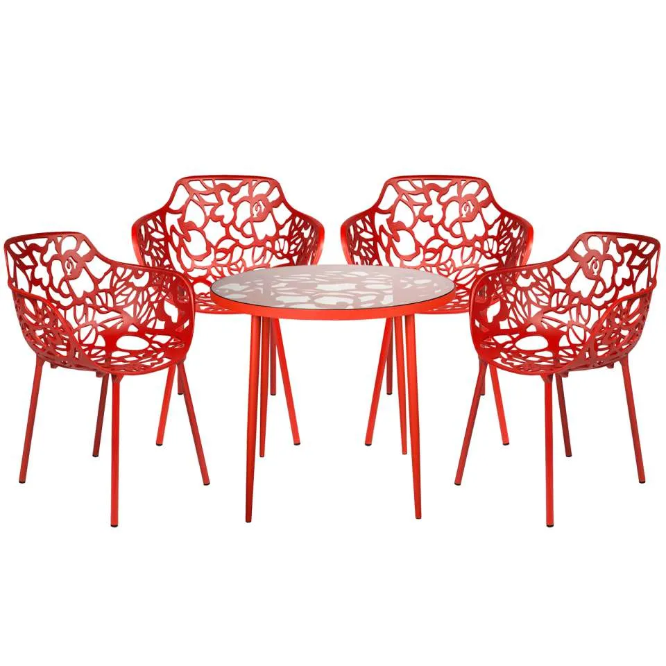 LeisureMod Devon Mid-Century Modern 5-Piece Aluminum Outdoor Patio Dining Set with Tempered Glass Top Table and 4 Stackable - DT31CABL4