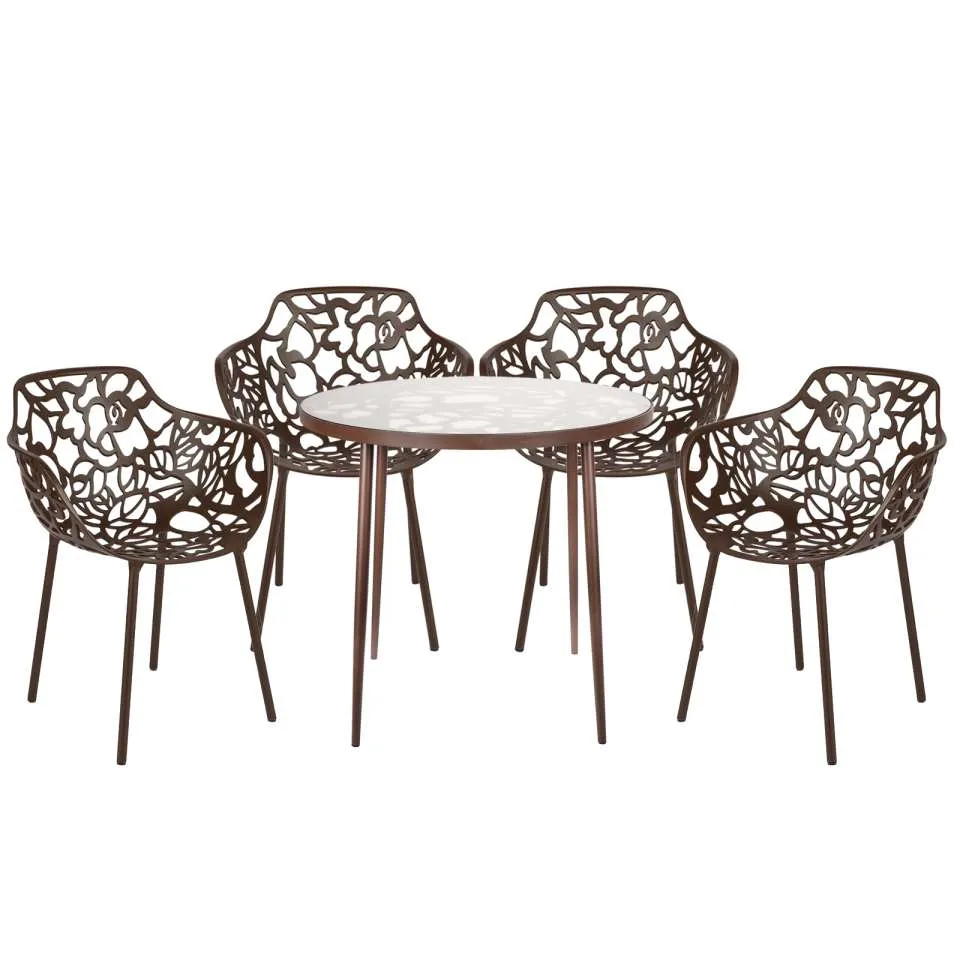 LeisureMod Devon Mid-Century Modern 5-Piece Aluminum Outdoor Patio Dining Set with Tempered Glass Top Table and 4 Stackable - DT31CABL4