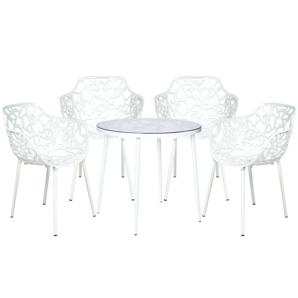 LeisureMod Devon Mid-Century Modern 5-Piece Aluminum Outdoor Patio Dining Set with Tempered Glass Top Table and 4 Stackable - DT31CABL4