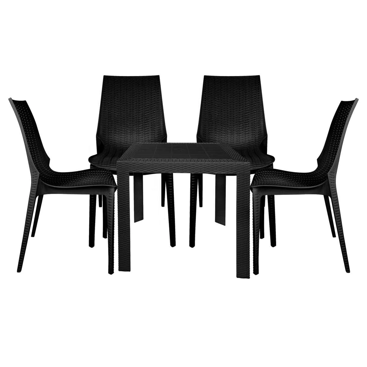 LeisureMod Kent 5-Piece Outdoor Dining Set with Plastic Square Table and 4 Stackable Chairs with Weave Design