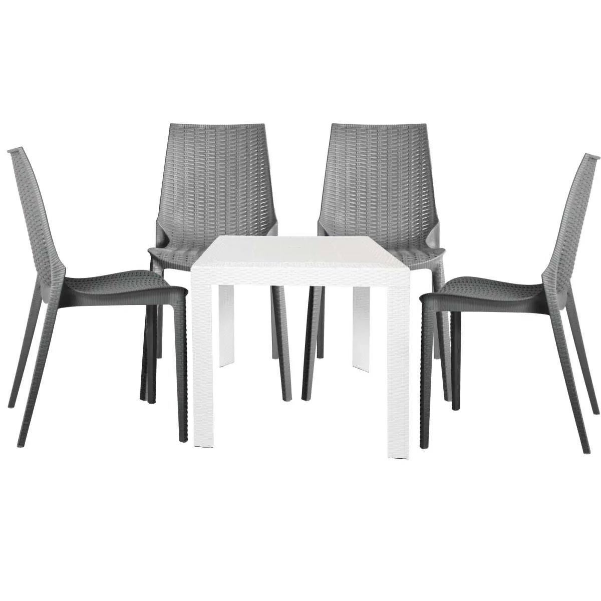 LeisureMod Kent 5-Piece Outdoor Dining Set with Plastic Square Table and 4 Stackable Chairs with Weave Design