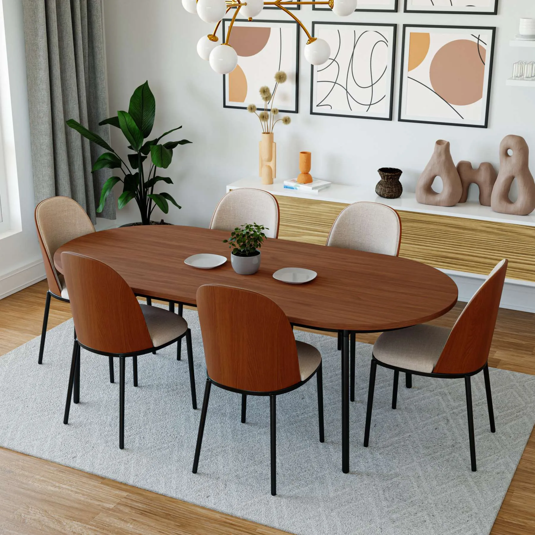 LeisureMod Tule Modern 71" Oval Dining Table with MDF Top and Black Steel Legs