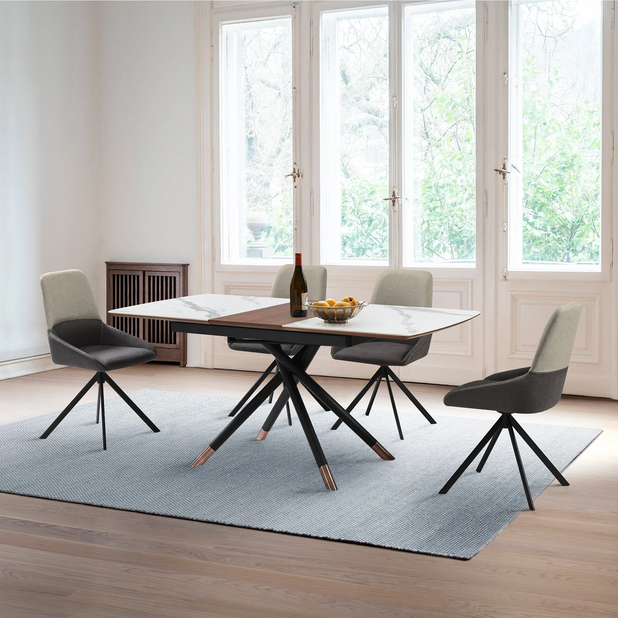 Maverick Swivel Upholstered Dining Chair in Two-Tone Fabric Gray with Black Metal Legs - Set of 2 By Armen Living