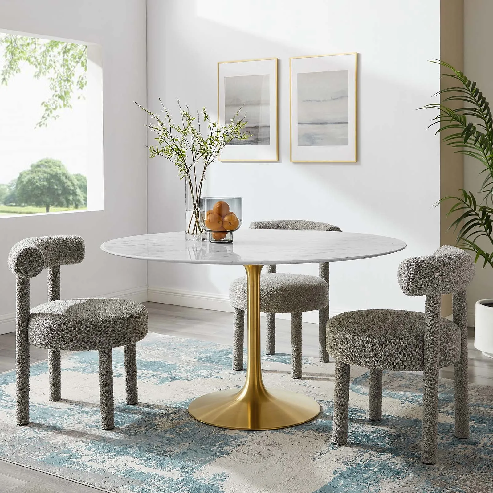 Modway Lippa 54" Round Artificial Marble Dining Table in Gold White - EEI-3233