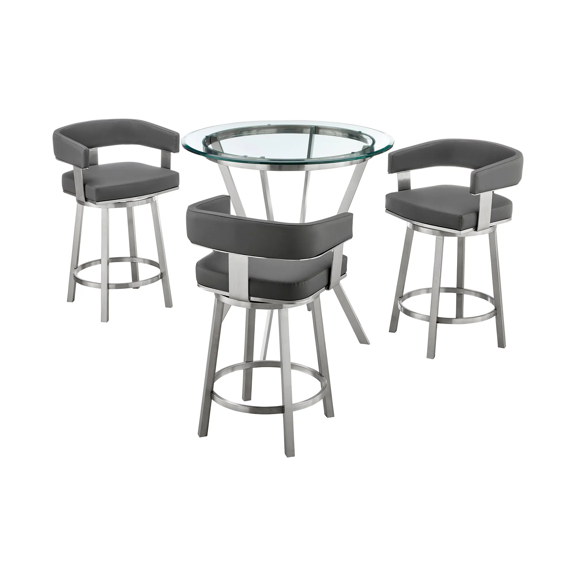 Naomi and Lorin 4-Piece Counter Height Dining Set in Brushed Stainless Steel and Grey Faux Leather By Armen Living