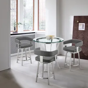 Naomi and Lorin 4-Piece Counter Height Dining Set in Brushed Stainless Steel and Grey Faux Leather By Armen Living