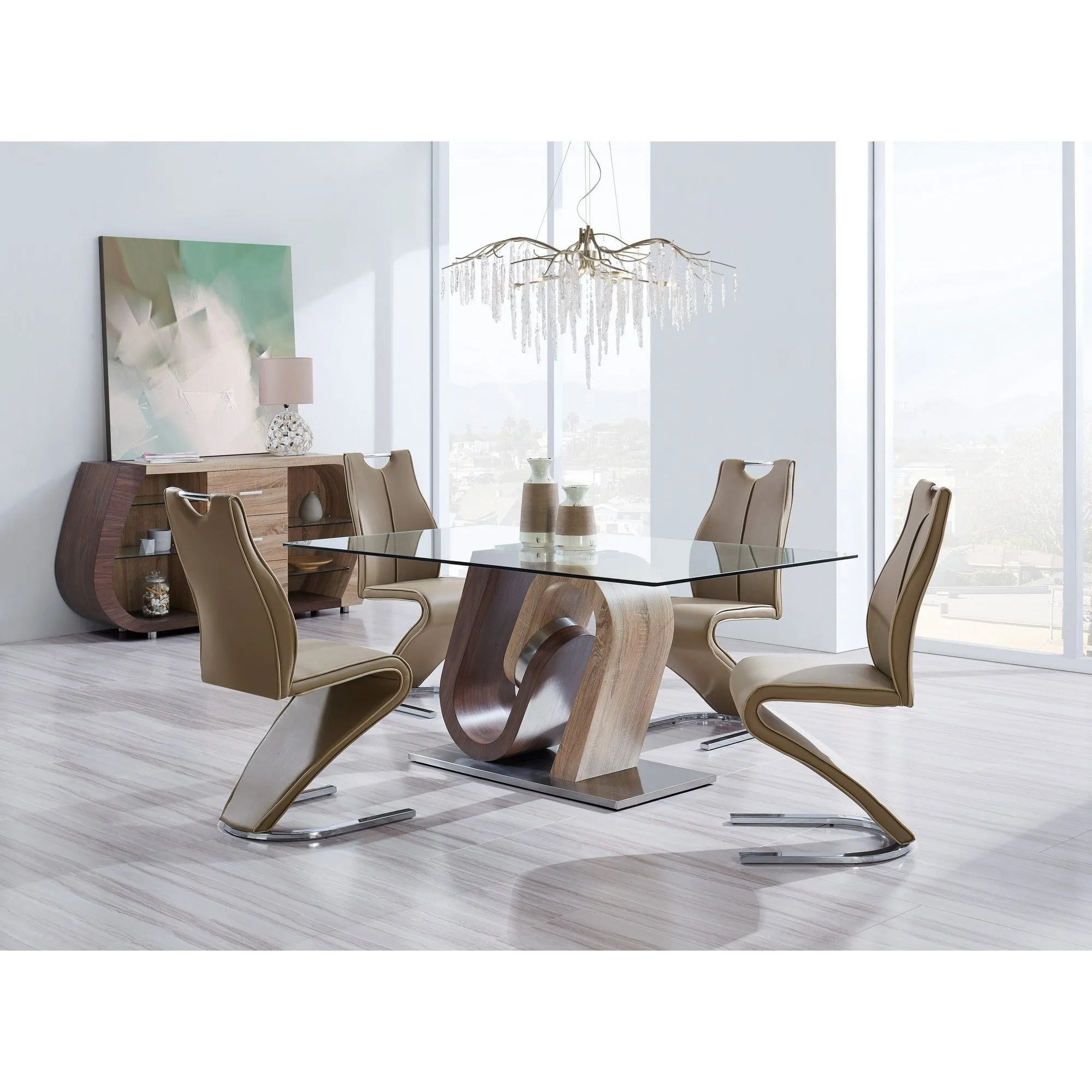 Oak And Walnut Two Toned Geometrical Base With Glass Top Dining Table By Homeroots