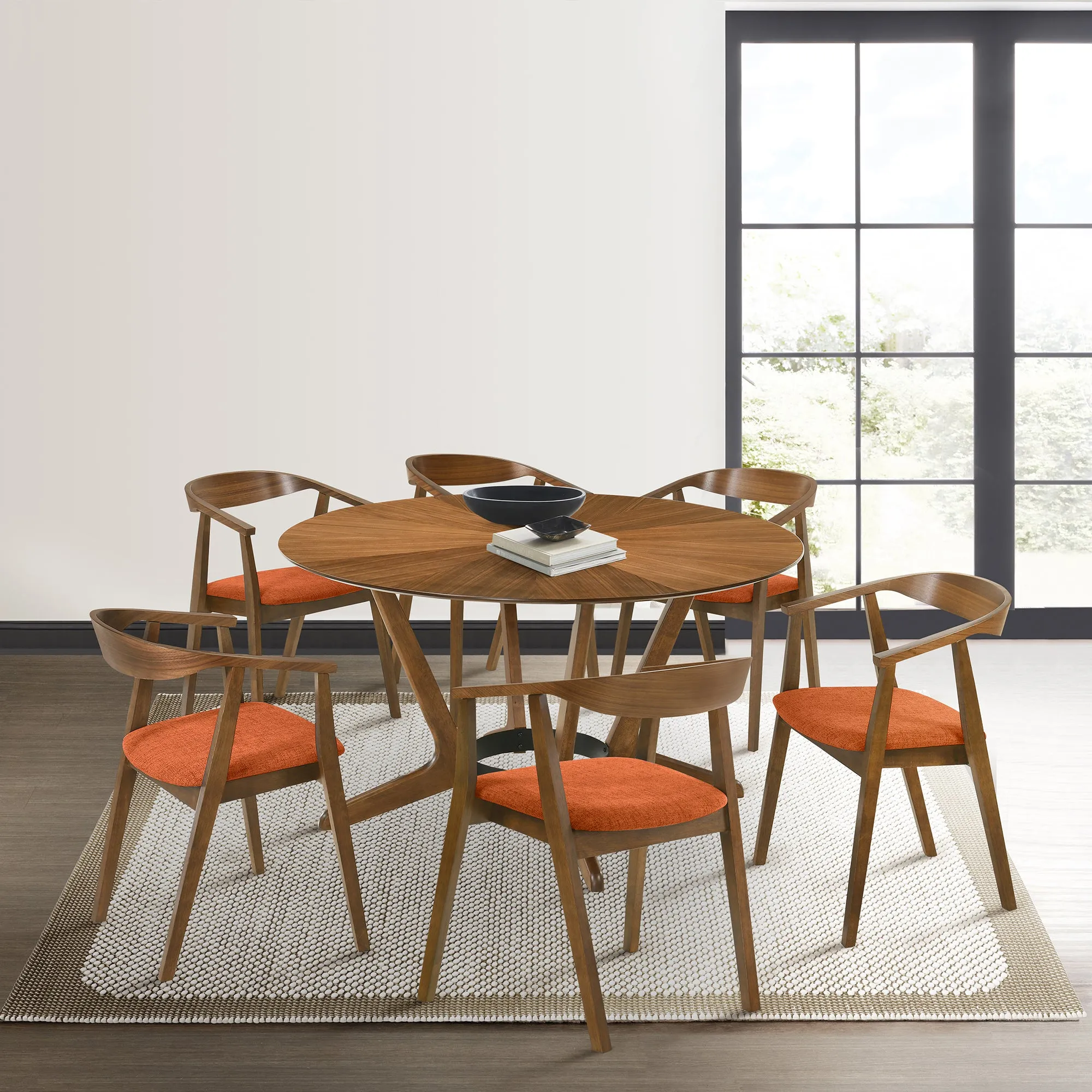 Santana 7 Piece Round Walnut Wood Dining Table Set with Blue Fabric By Armen Living