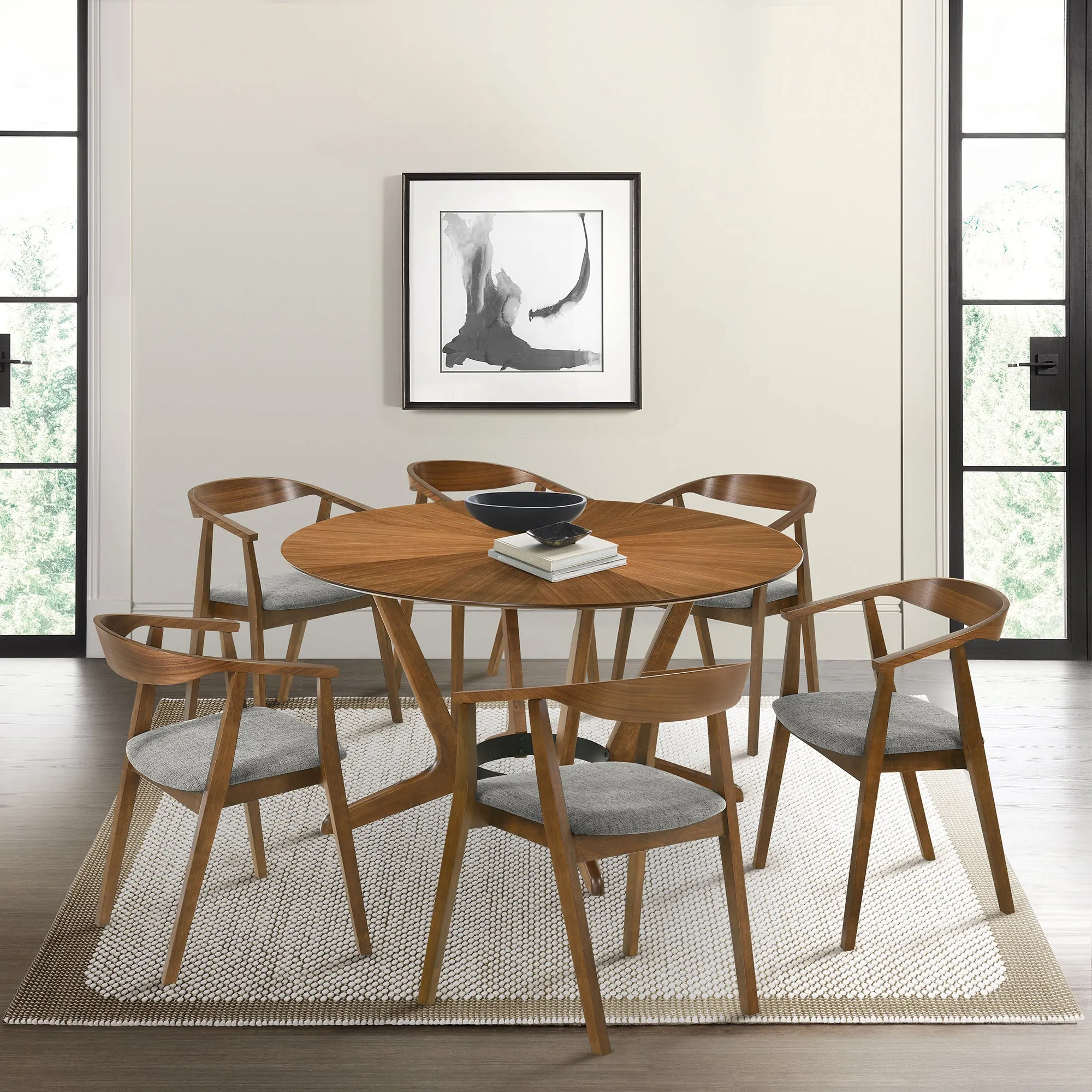 Santana 7 Piece Round Walnut Wood Dining Table Set with Blue Fabric By Armen Living