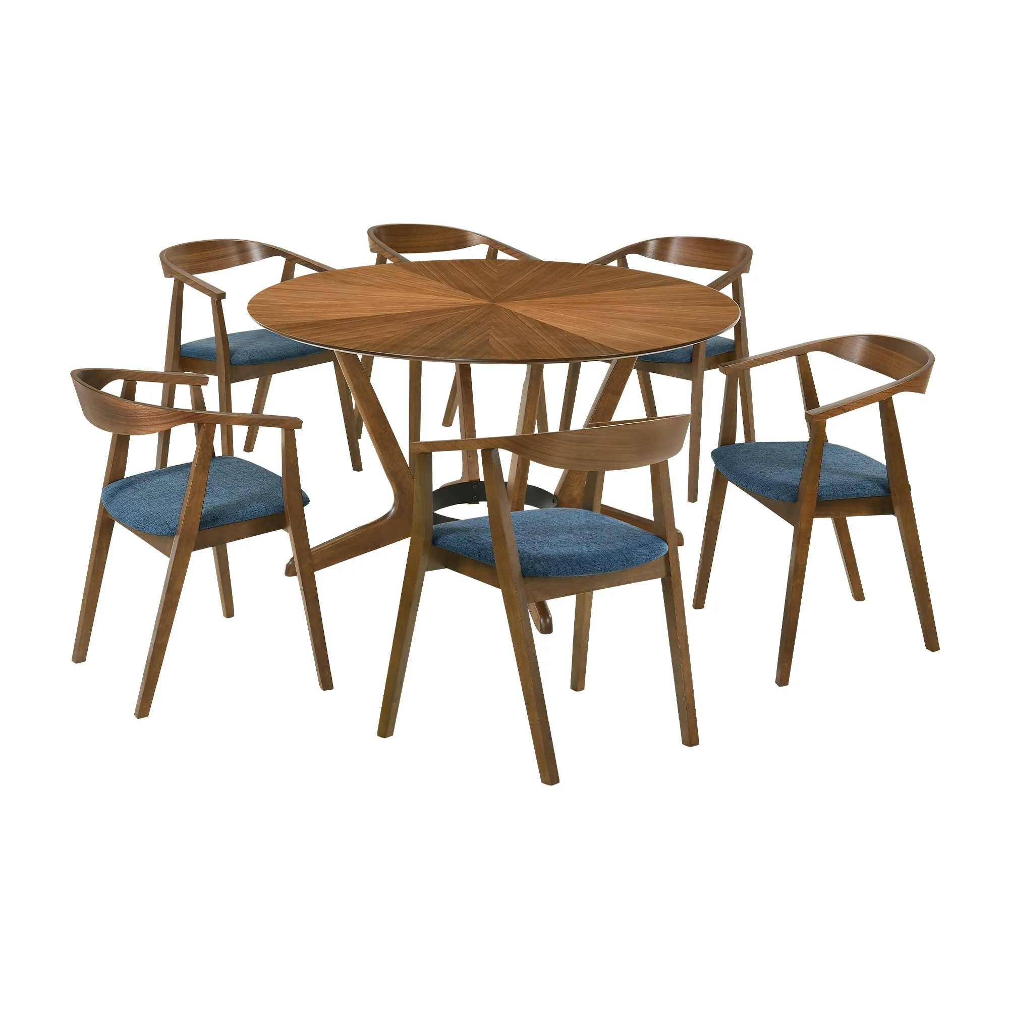 Santana 7 Piece Round Walnut Wood Dining Table Set with Blue Fabric By Armen Living