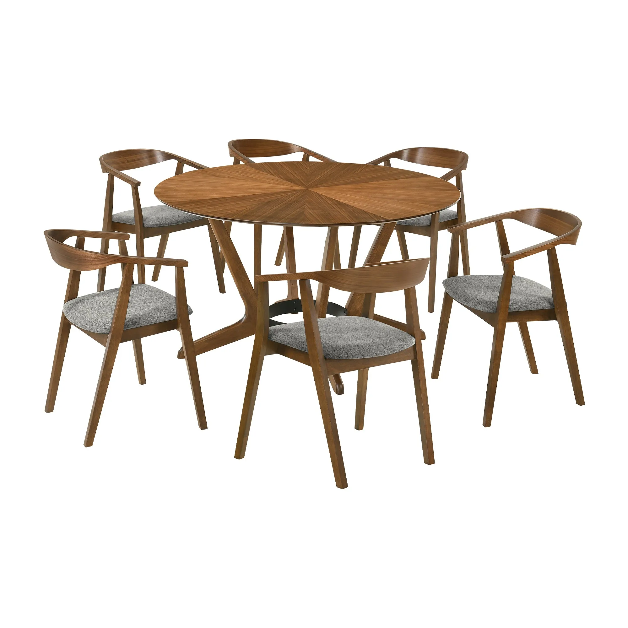 Santana 7 Piece Round Walnut Wood Dining Table Set with Blue Fabric By Armen Living