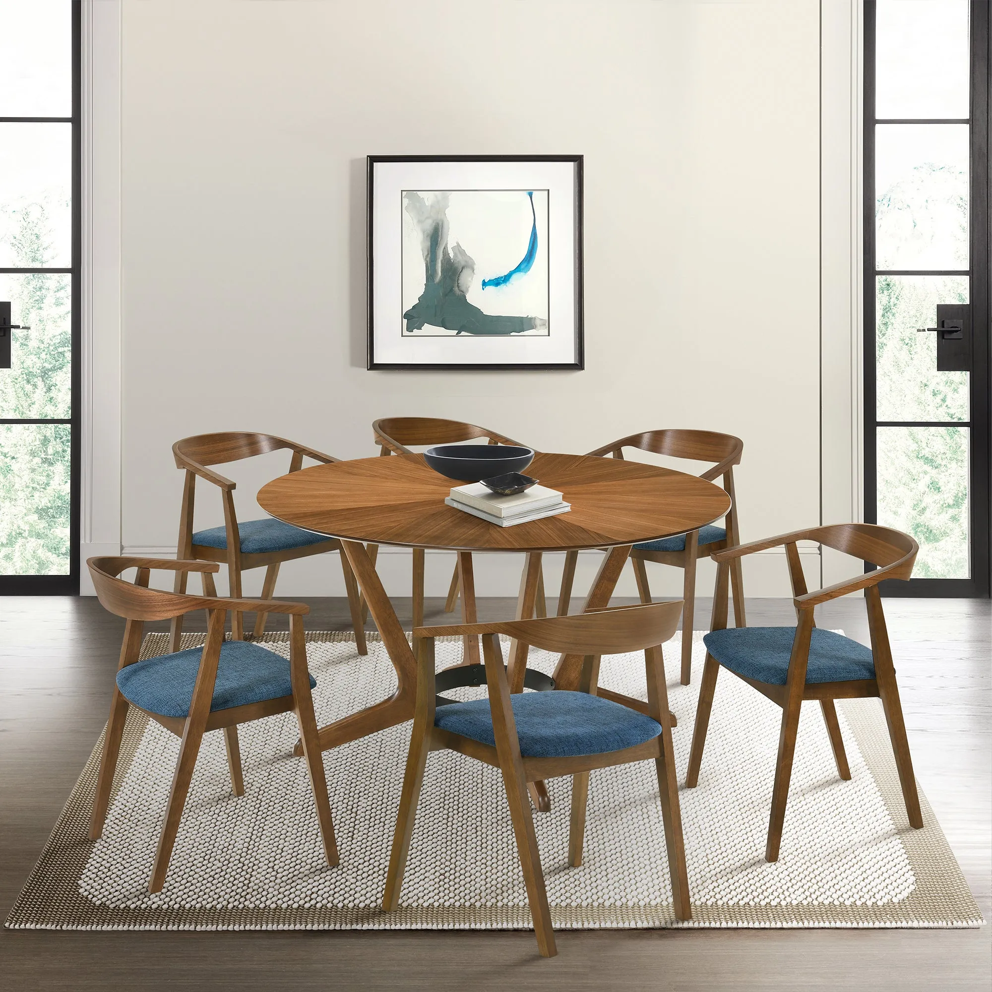 Santana 7 Piece Round Walnut Wood Dining Table Set with Blue Fabric By Armen Living