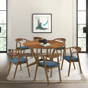 Santana 7 Piece Round Walnut Wood Dining Table Set with Blue Fabric By Armen Living