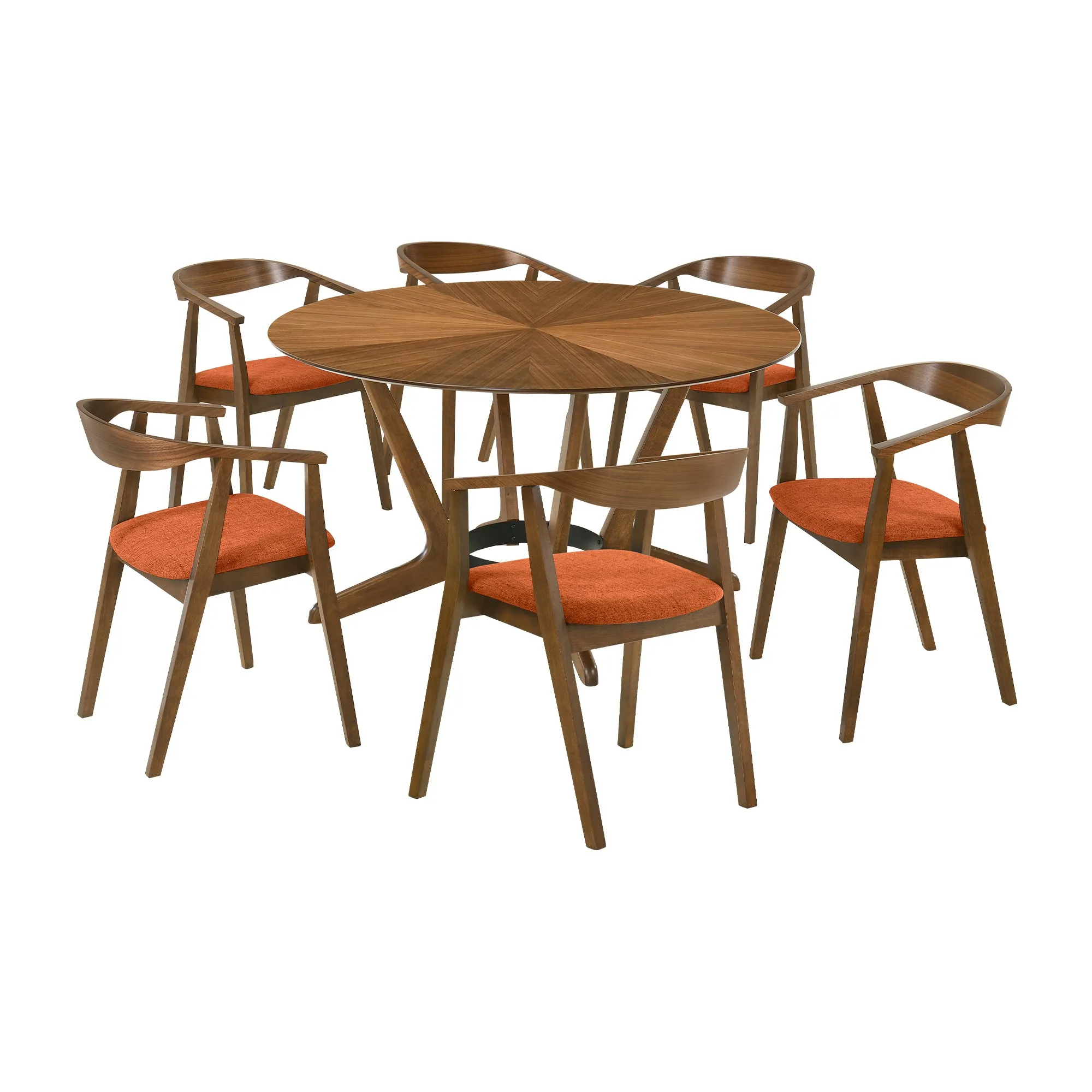Santana 7 Piece Round Walnut Wood Dining Table Set with Blue Fabric By Armen Living