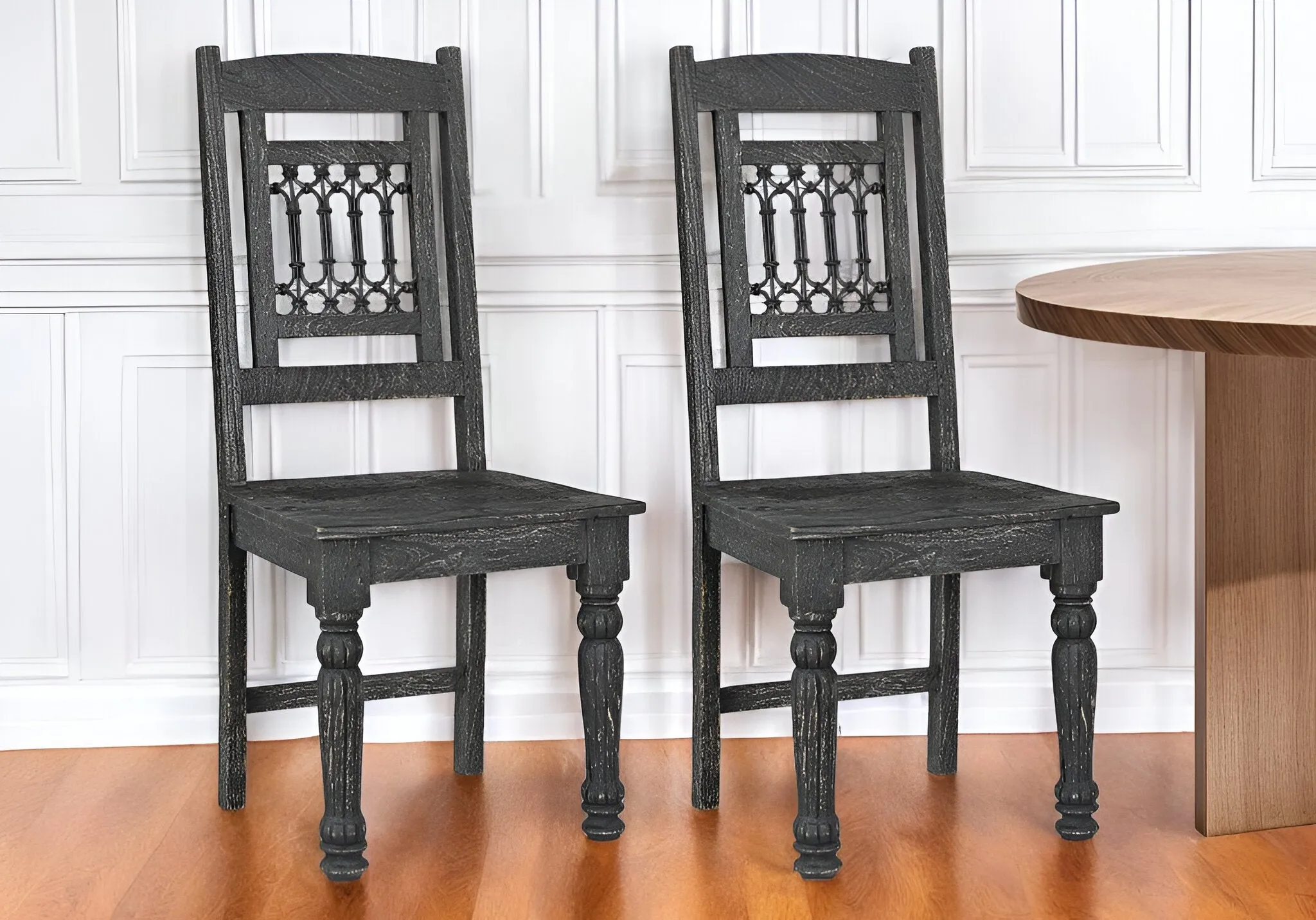 Set of Two Black Wood Slat Back Dining Side Chairs By Homeroots