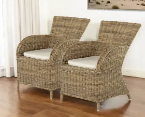 Set of Two Cream And Tan Rattan Dining Arm Chairs By Homeroots