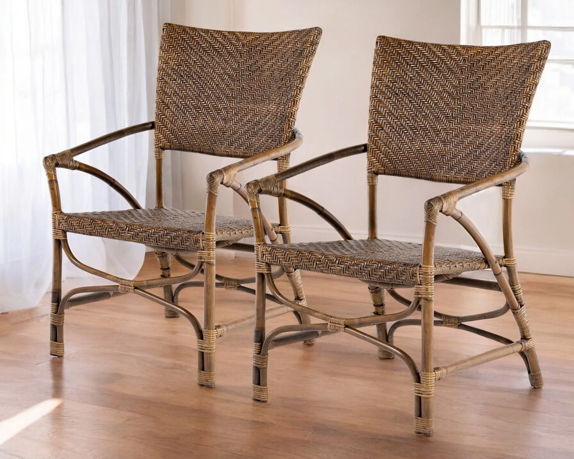 Set of Two Natural Rattan Open Back Dining Arm Chairs By Homeroots