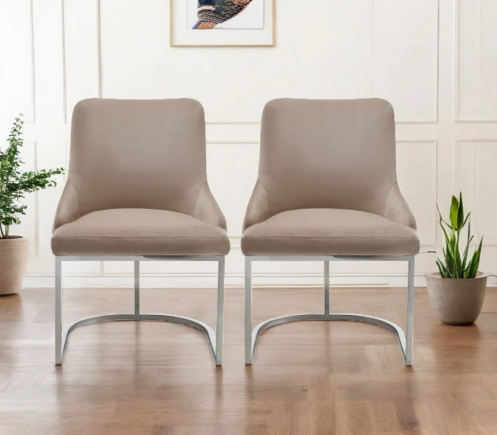 Set of Two Tufted Beige And Silver Upholstered Velvet Wing Back Dining Side Chairs By Homeroots