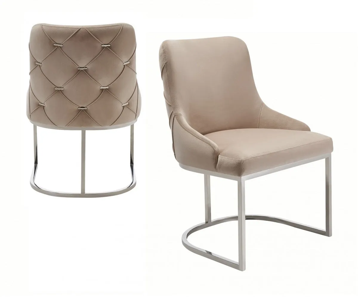 Set of Two Tufted Beige And Silver Upholstered Velvet Wing Back Dining Side Chairs By Homeroots
