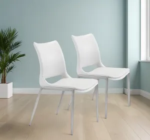 Set of Two White And Silver Upholstered Faux Leather Dining Side Chairs By Homeroots