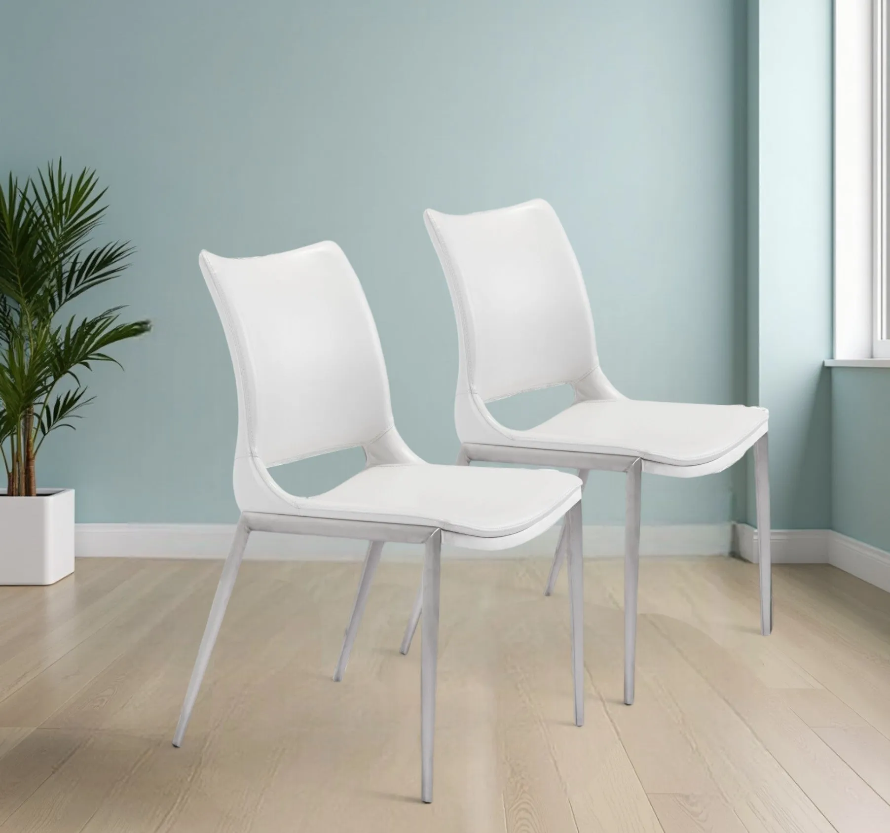 Set of Two White And Silver Upholstered Faux Leather Dining Side Chairs By Homeroots