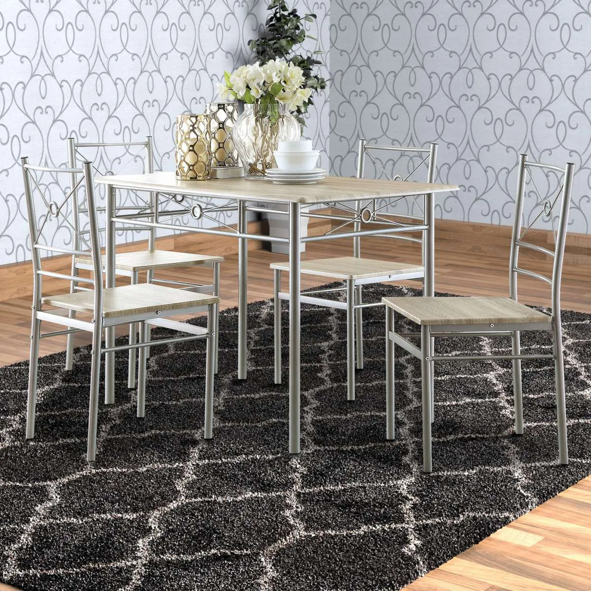 Sturdy Dining Table In A Set Of Five, Silver By Benzara