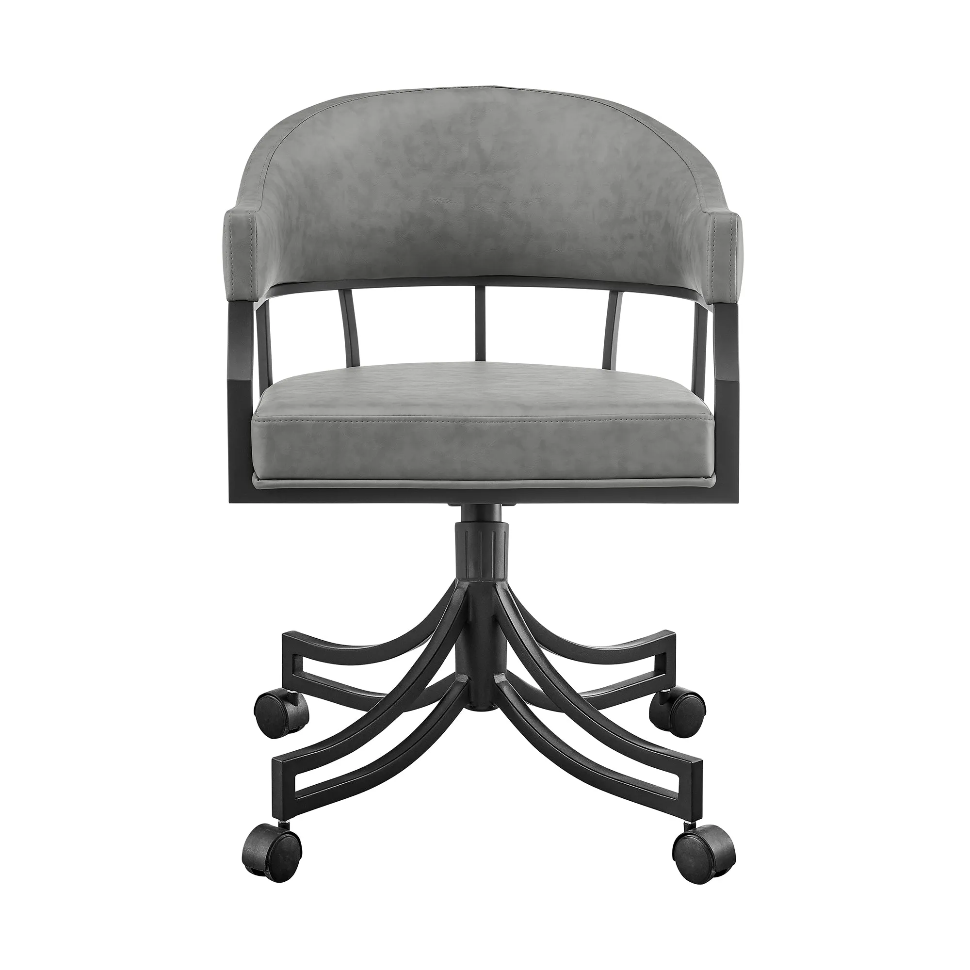 Tibet Swivel Tilt Rolling Dining Chair with Matte Black Iron and Vintage Gray Faux Leather By Armen Living