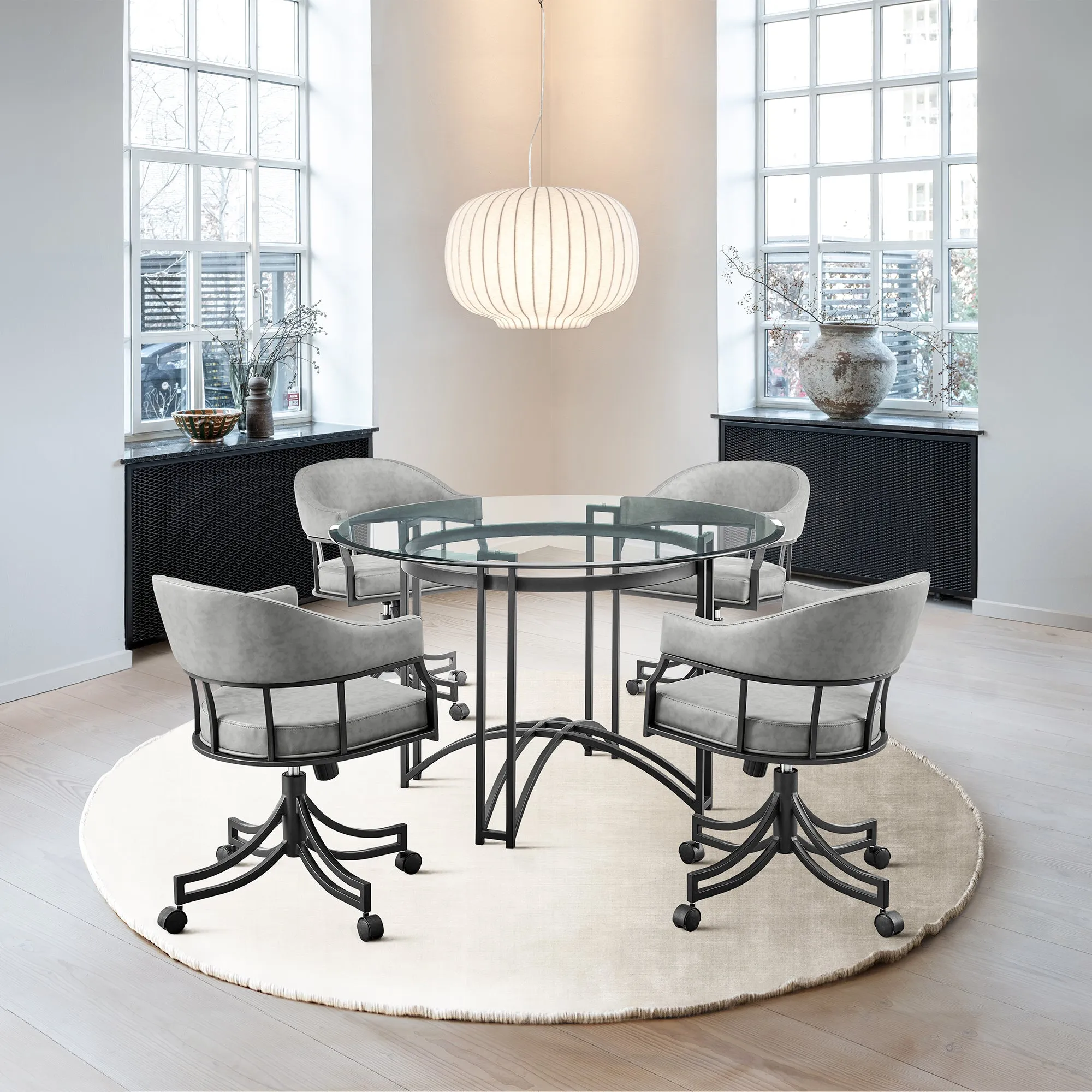 Tibet Swivel Tilt Rolling Dining Chair with Matte Black Iron and Vintage Gray Faux Leather By Armen Living