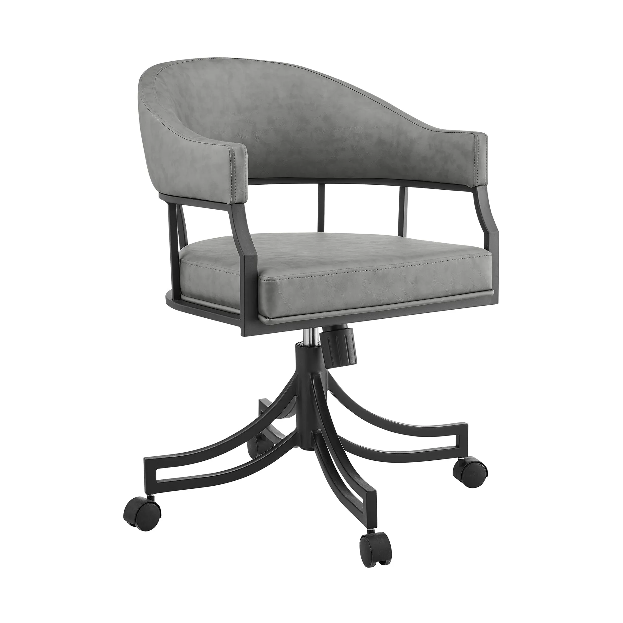 Tibet Swivel Tilt Rolling Dining Chair with Matte Black Iron and Vintage Gray Faux Leather By Armen Living