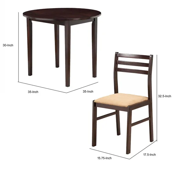 Transitional Style 3 Piece Wooden Dining Table and Chair Set, Brown By Benzara