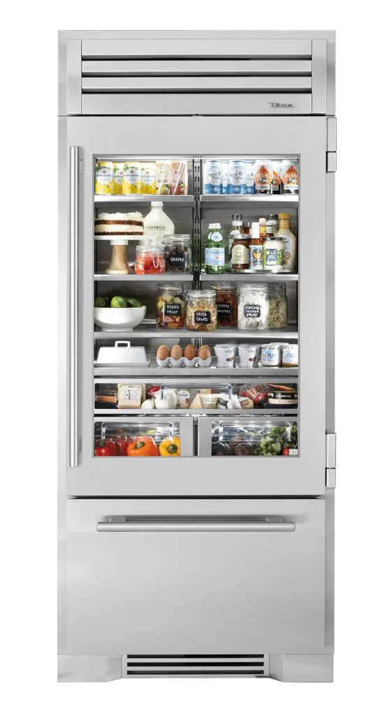 True Residential TR36RBFRSGA 36 Inch Stainless Glass Door Right Hinge Refrigerator With Bottom Freezer